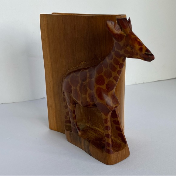 Giraffe Bookend Hand carved of wood 6” X 6” brown zoo animals one - Picture 2 of 14